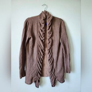 Lafayette 148 Women's Cardigan Sweater Brown Ruffle Ruched Trim Linen Blend Sz S